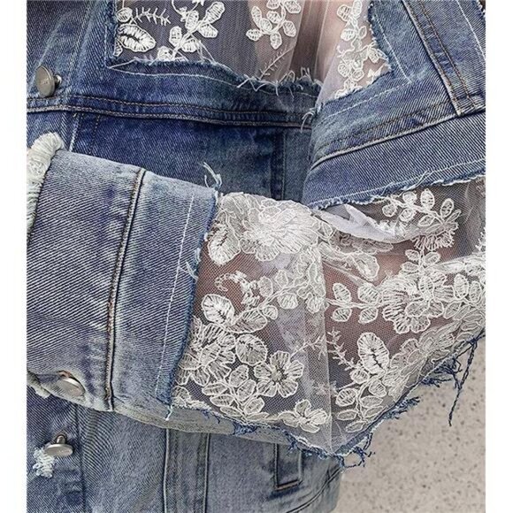 Floral Embroidered Lace Denim Jacket Distressed Light Wash Denim Jean Jacket - Picture 7 of 9